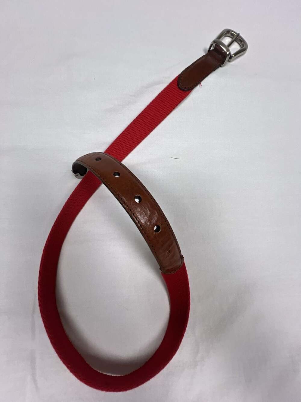 Woolrich Red Woven Canvas Belt with Brown Leather Accents and Solid Brass Buckle